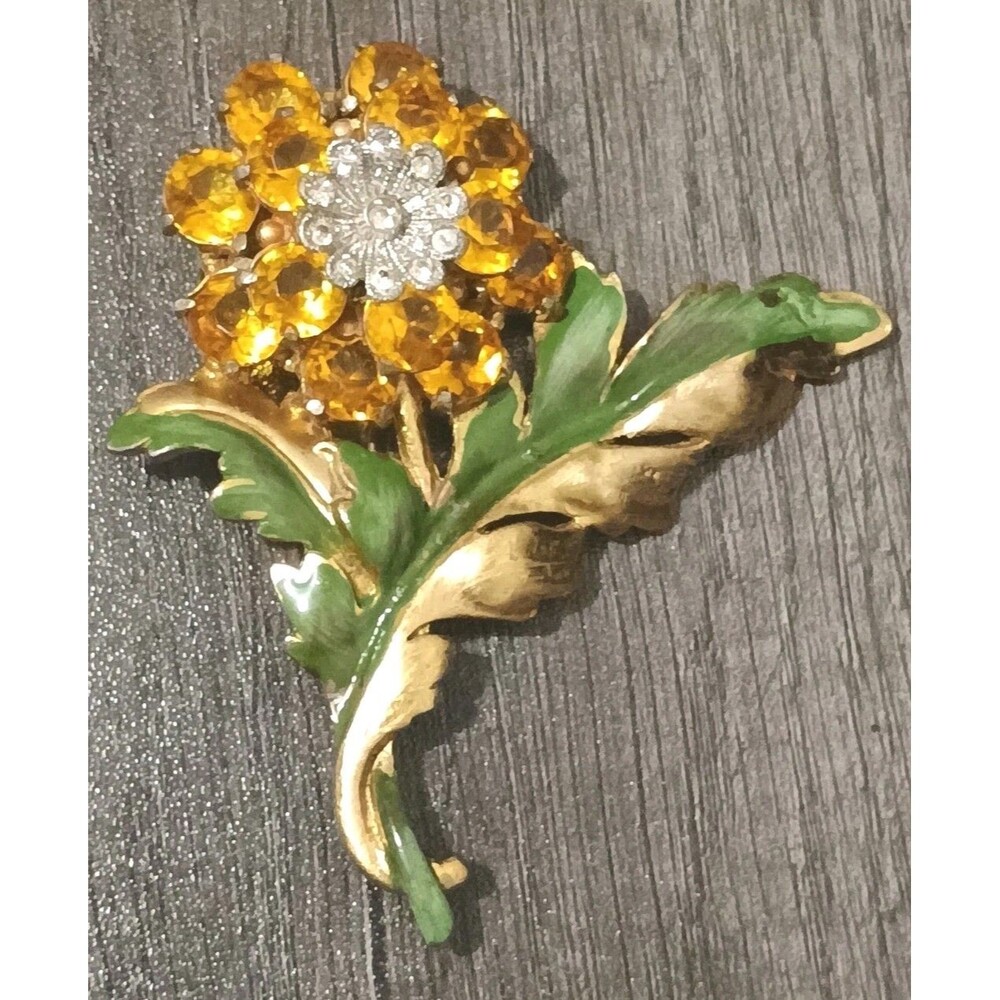 Mid Century Yellow Clear Faceted Rhinestone Enamel Large Vintage Brooch